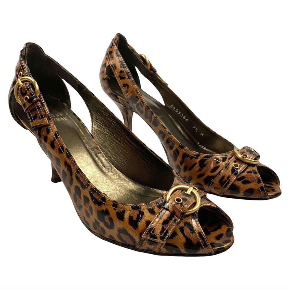 STUART WEITZMAN Patent Leopard Print Buckle Accent Heels